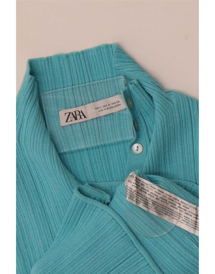Zara Womens Crop Button Neck Vest Top UK 12 Medium Blue Viscose