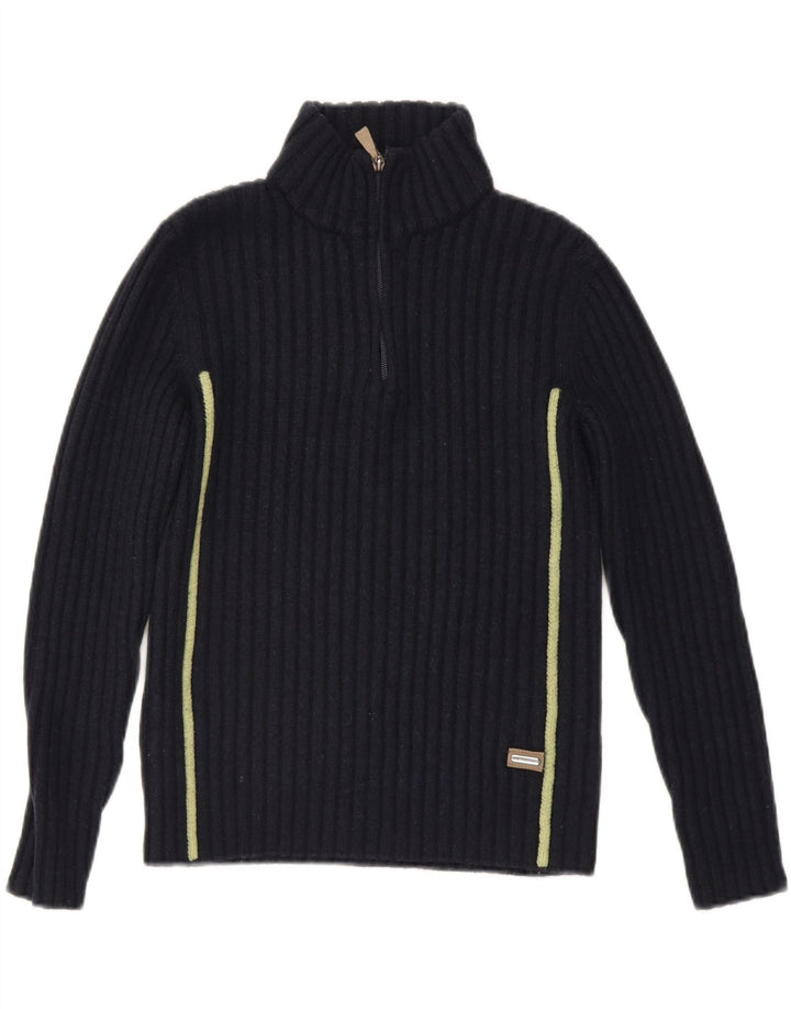 TRUSSARDI Womens Zip Neck Jumper Sweater UK 10 Small Navy Blue Wool Vintage Trussardi and Second-Hand Trussardi from Messina Hembry 