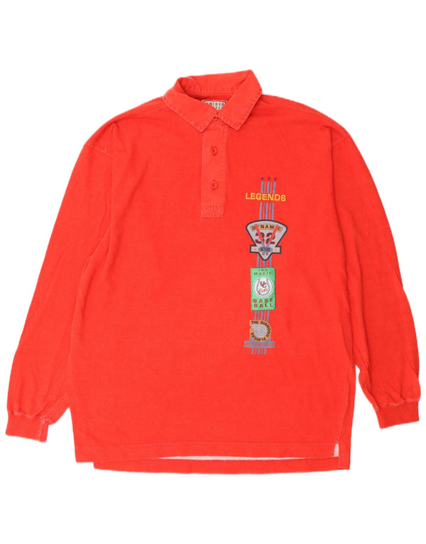 United Cotton Mens Graphic Long Sleeve Polo Shirt Medium Red