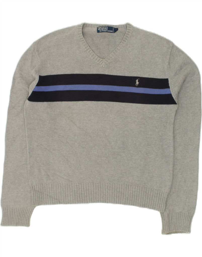 POLO RALPH LAUREN Mens V-Neck Jumper Sweater Medium Grey Colourblock | Vintage Polo Ralph Lauren | Thrift | Second-Hand Polo Ralph Lauren | Used Clothing | Messina Hembry 