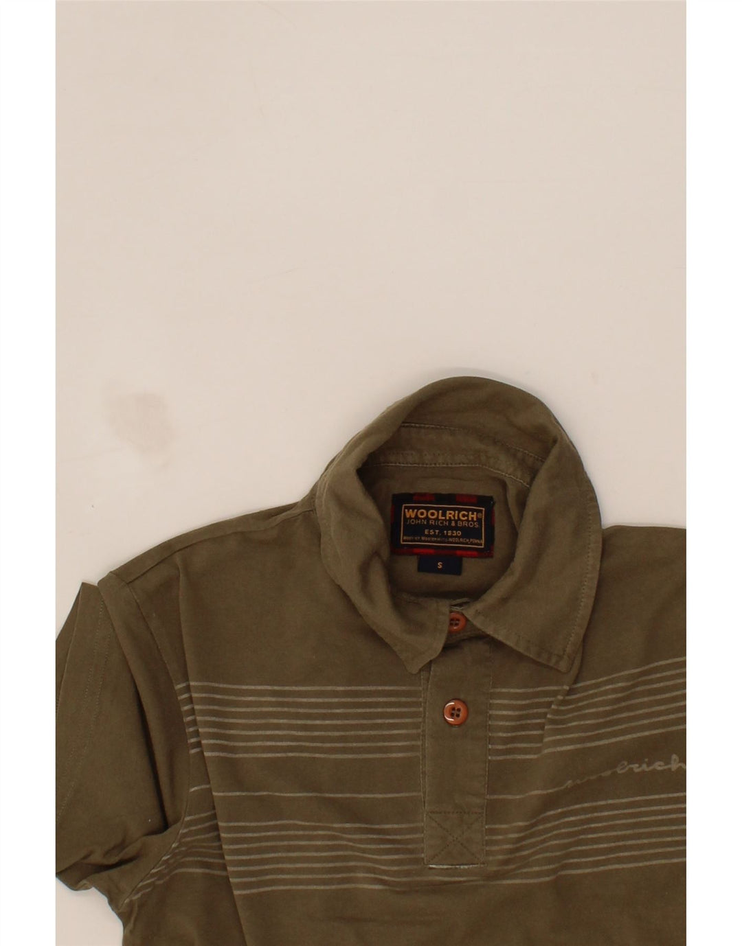 WOOLRICH Mens Polo Shirt Small Khaki Striped Cotton Vintage Woolrich and Second-Hand Woolrich from Messina Hembry 