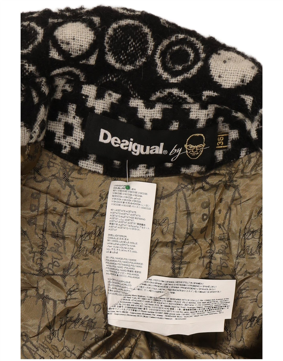 Desigual Womens Overcoat EU 36 Small Black Geometric Viscose