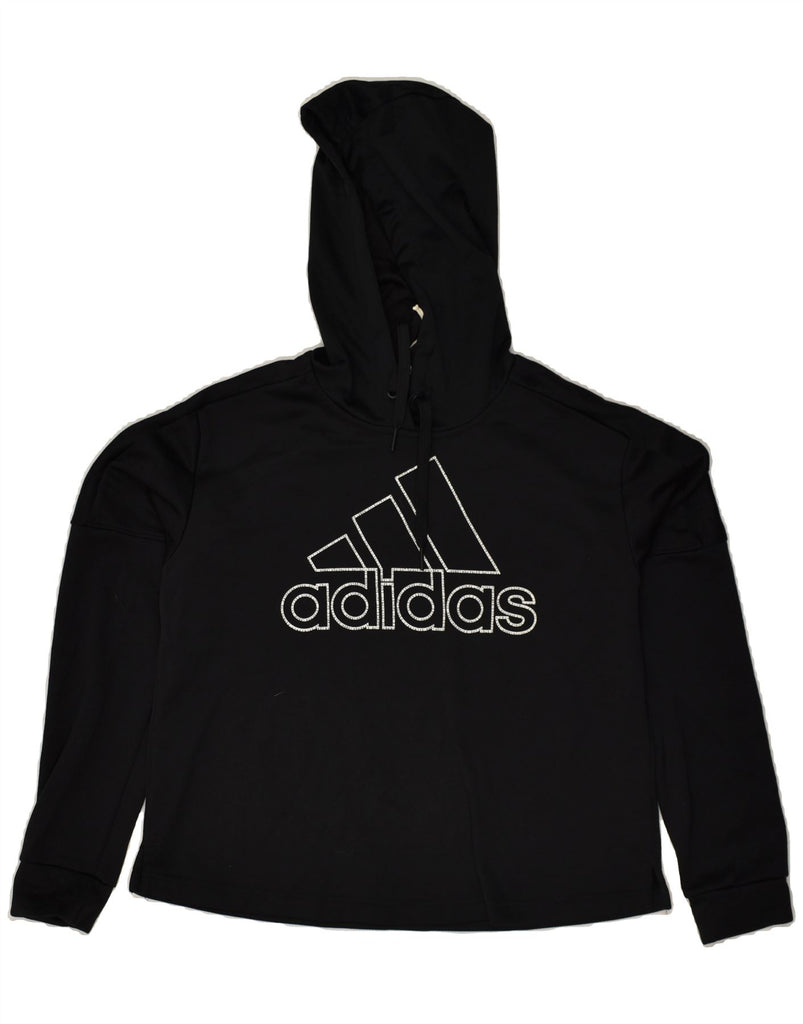 ADIDAS Womens Graphic Hoodie Jumper UK 12/14 Medium Black Polyester | Vintage Adidas | Thrift | Second-Hand Adidas | Used Clothing | Messina Hembry 