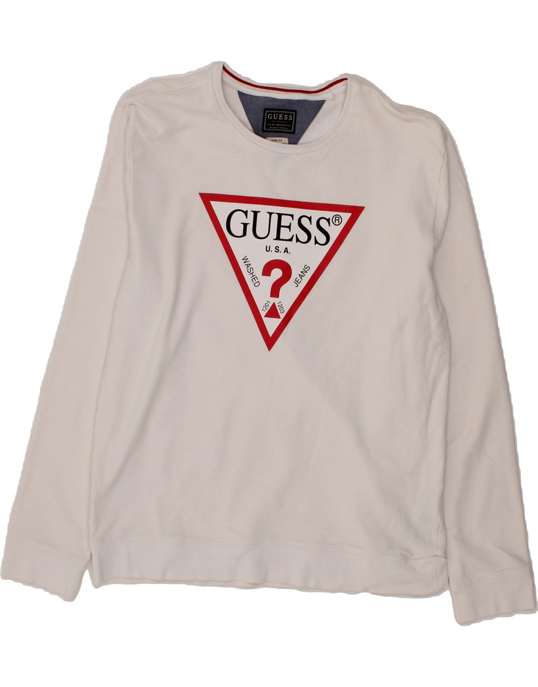 GUESS Mens Slim Fit Graphic Sweatshirt Jumper XL White Cotton Vintage Guess and Second-Hand Guess from Messina Hembry 