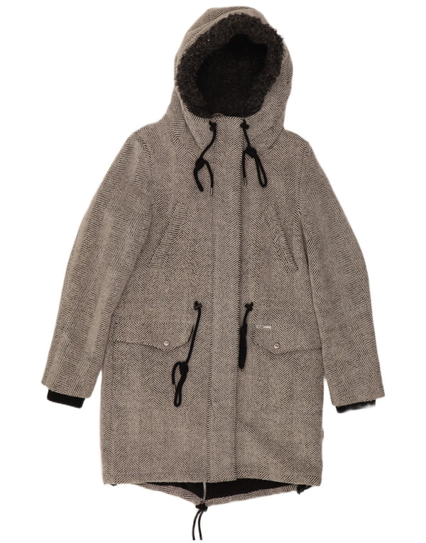KHUJO Womens Hooded Parka Jacket UK 14 Large Grey Herringbone Polyester