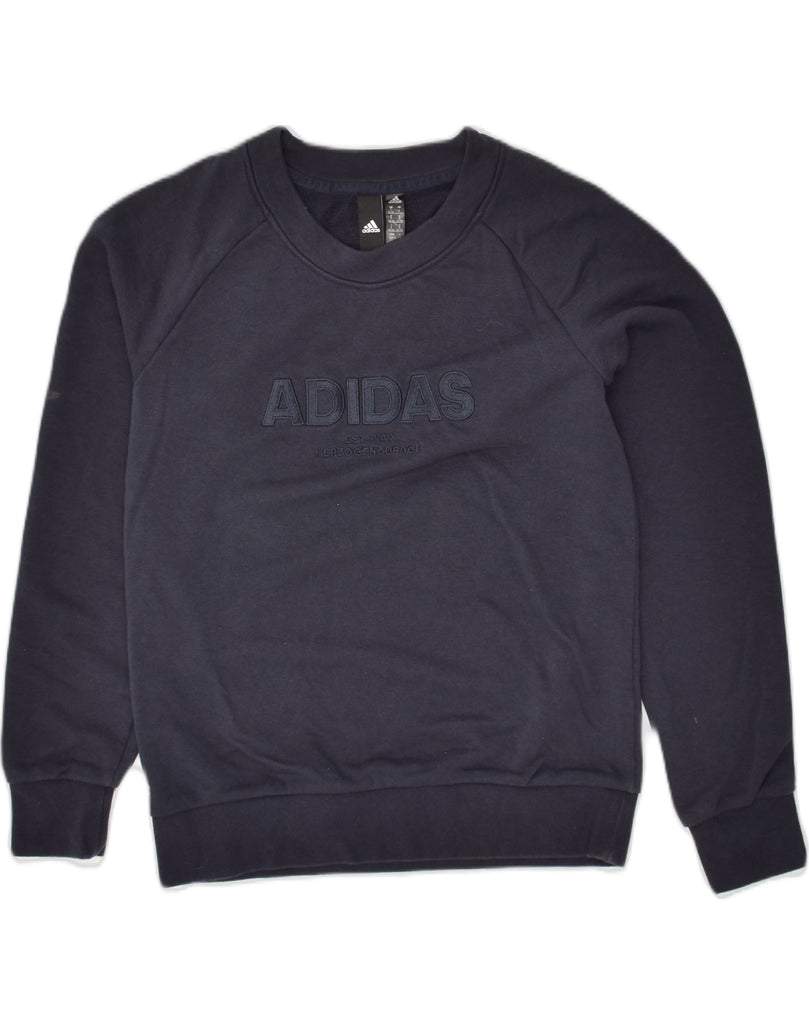 ADIDAS Womens Graphic Sweatshirt Jumper UK 8/10 Small Navy Blue Cotton | Vintage Adidas | Thrift | Second-Hand Adidas | Used Clothing | Messina Hembry 