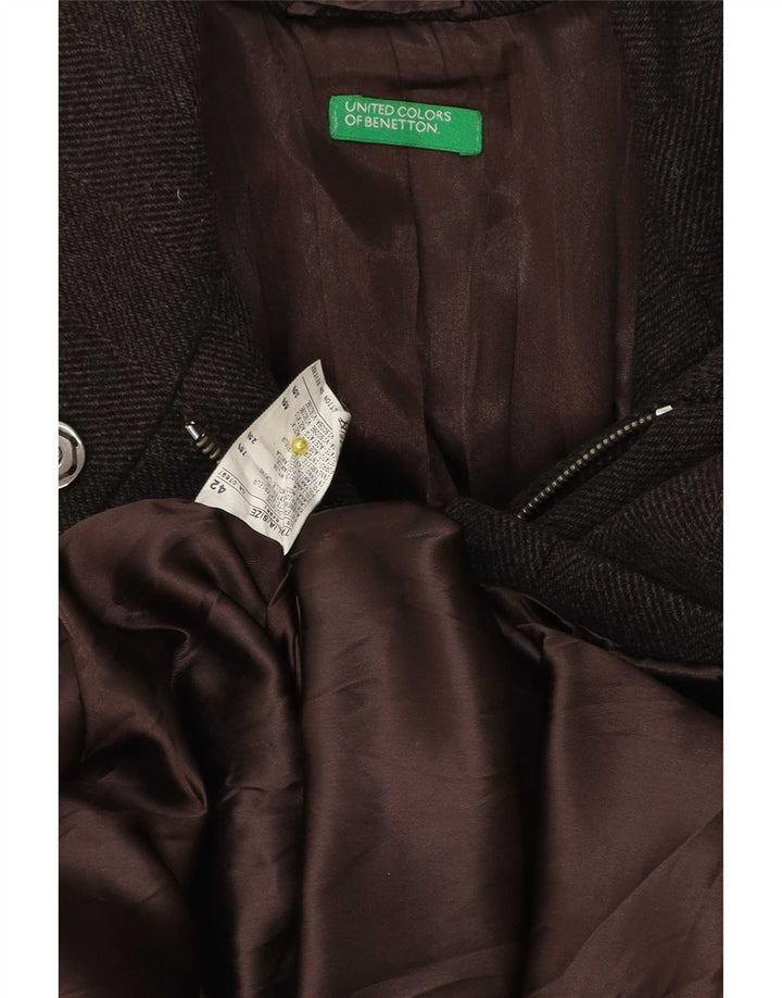 Benetton Womens Overcoat IT 42 Medium Brown Herringbone Wool