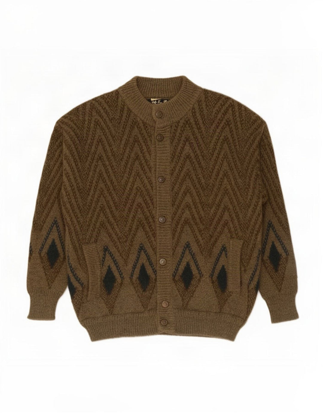 Vintage Mens Cardigan Sweater Medium Khaki Geometric Wool