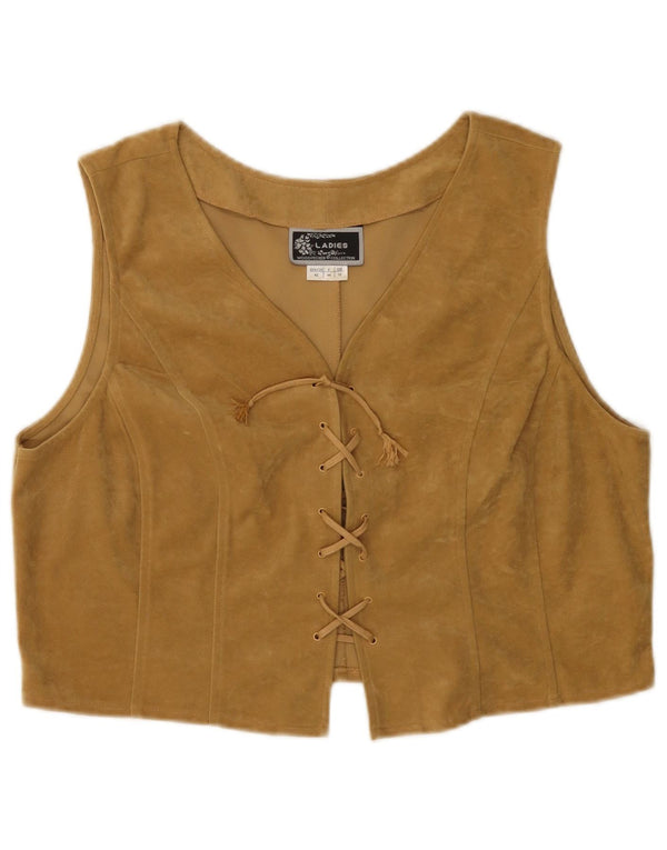 WOODPECKER Womens Velour Waistcoat UK 16 Large Beige Polyester