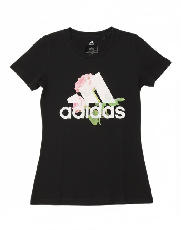 Adidas Womens Graphic T-Shirt Top UK 4/6 XS Black Floral Cotton Flower