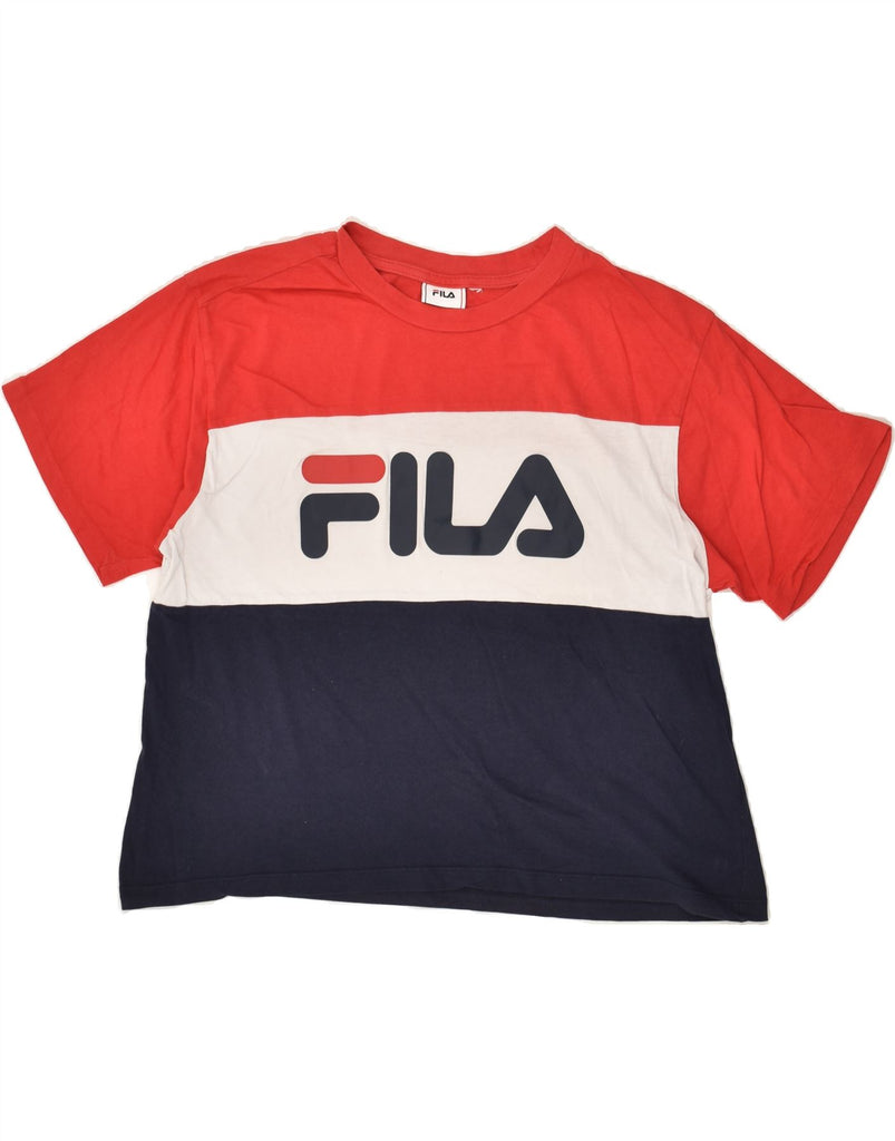 FILA Womens Crop Graphic T-Shirt Top UK 10 Small Navy Blue Colourblock | Vintage Fila | Thrift | Second-Hand Fila | Used Clothing | Messina Hembry 