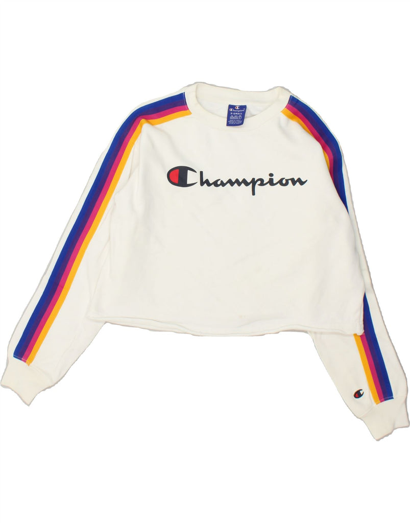 CHAMPION Womens Crop Graphic Sweatshirt Jumper UK 4 XS White Cotton | Vintage Champion | Thrift | Second-Hand Champion | Used Clothing | Messina Hembry 