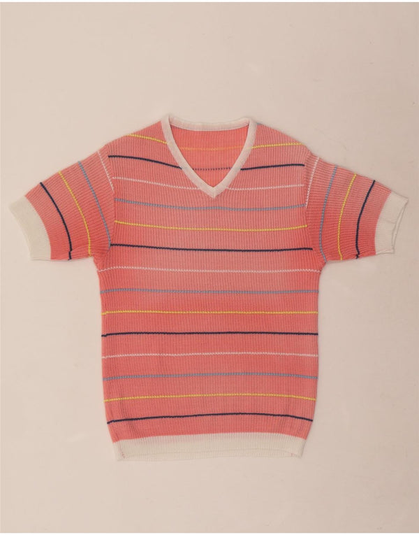 Vintage Womens Short Sleeve V-Neck Jumper Sweater UK 10 Small Pink Striped