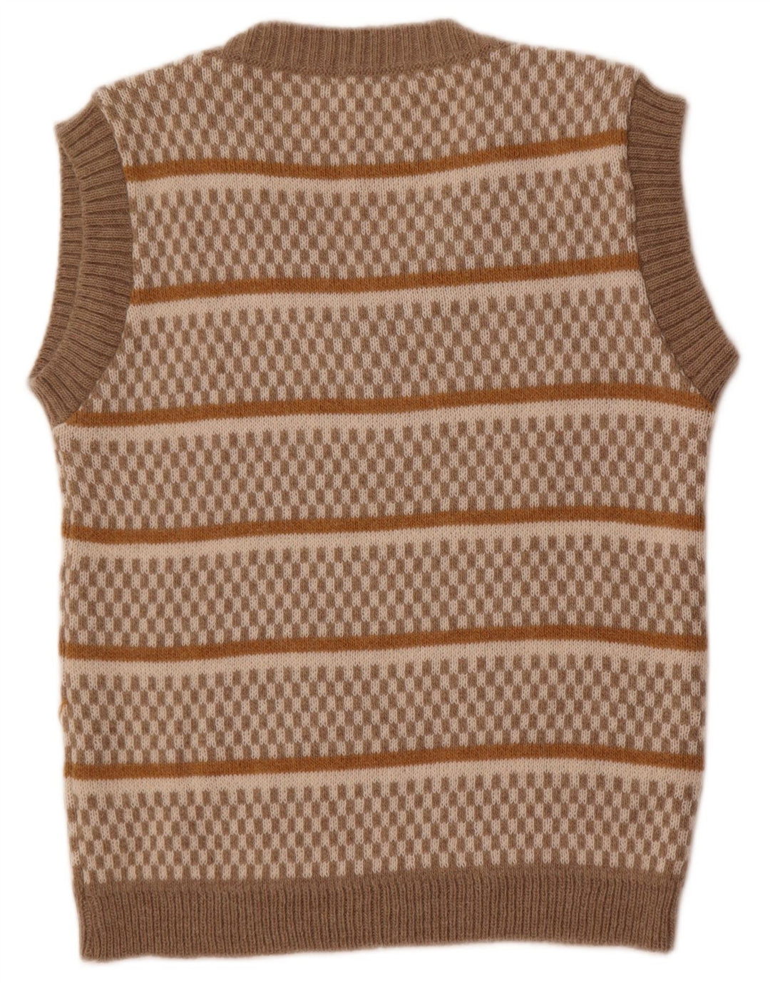 Vintage Womens Vest Tank Top UK 14 Large Beige Striped Acrylic