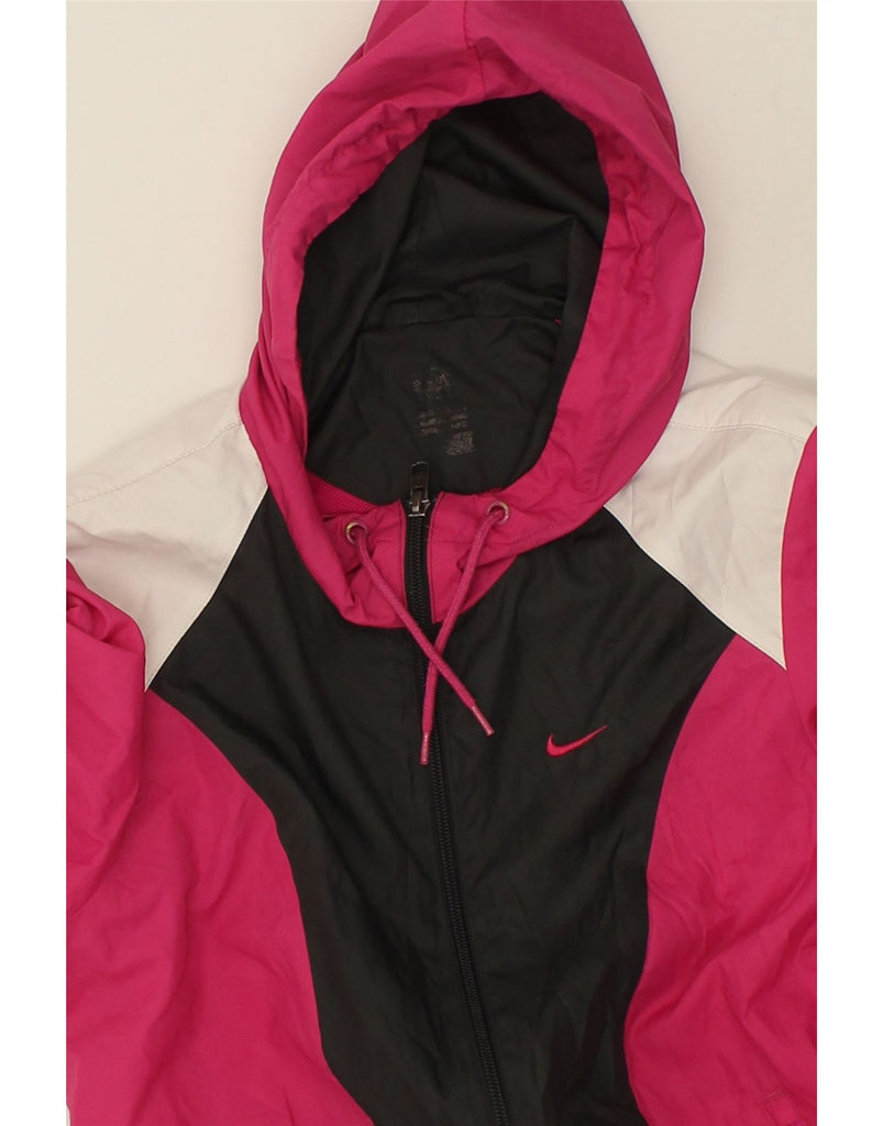 NIKE Womens Hooded Rain Jacket UK 14 Medium Pink Colourblock Polyester | Vintage Nike | Thrift | Second-Hand Nike | Used Clothing | Messina Hembry 