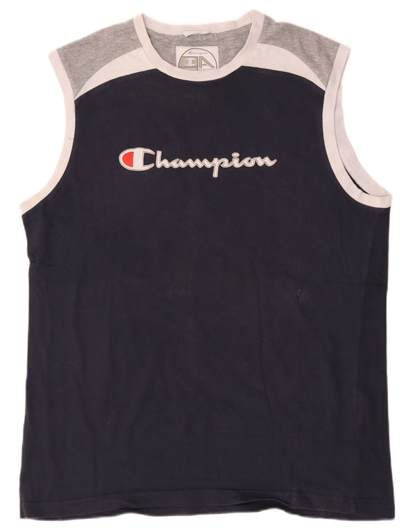 Champion Womens Graphic Vest Top UK 20 2XL Navy Blue Colourblock Cotton