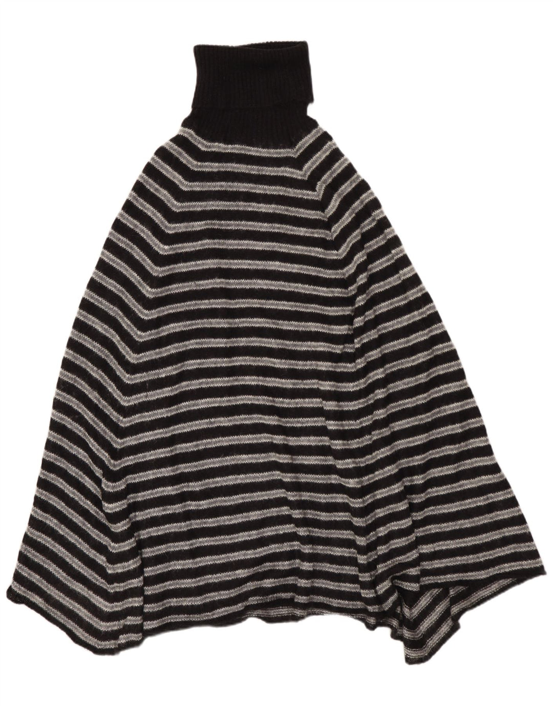 Benetton Womens Roll Neck Poncho Jumper One Size Grey Striped Acrylic