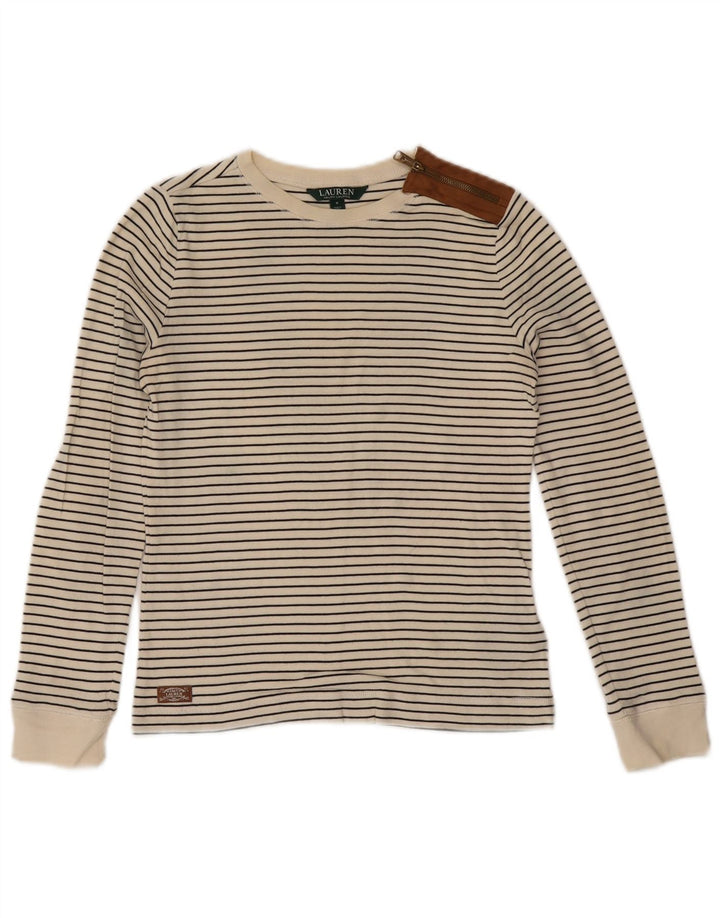 RALPH LAUREN Womens Top Long Sleeve UK 10 Small White Striped Cotton