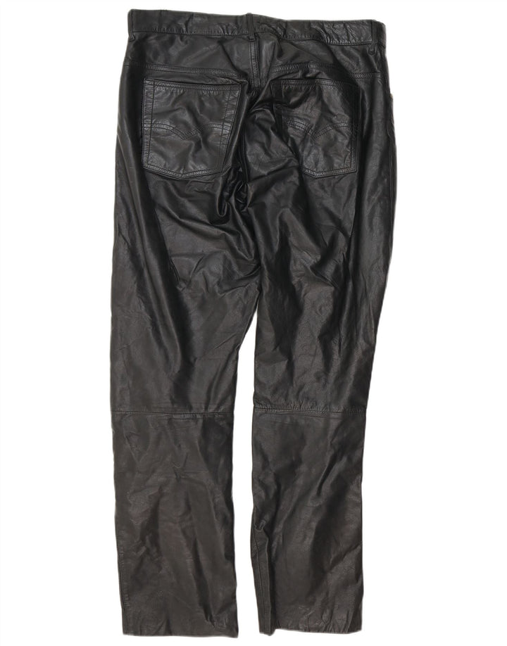 Vintage Mens Straight Leather Trousers W34 L30 Black Leather