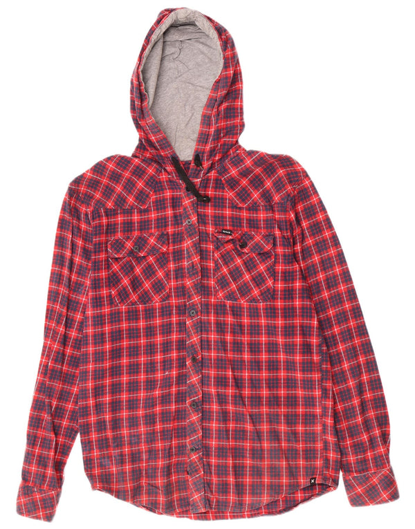 Hurley Mens Hooded Flannel Shirt Medium Red Plaid Cotton