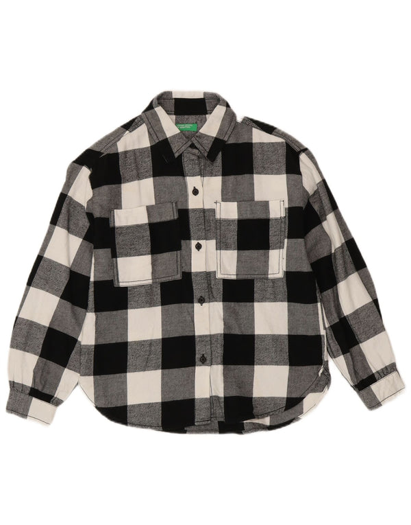 Benetton Girls Loose Fit Flannel Shirt 8-9 Years Large Black Gingham Cotton
