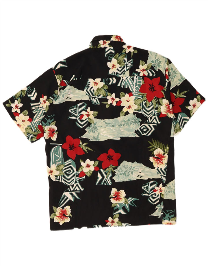 Vintage Mens Short Sleeve Shirt Small Black Floral Polyester Hawaiian