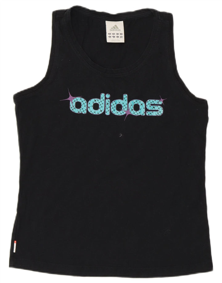 ADIDAS Womens Graphic Vest Top UK 14 Medium Black Cotton