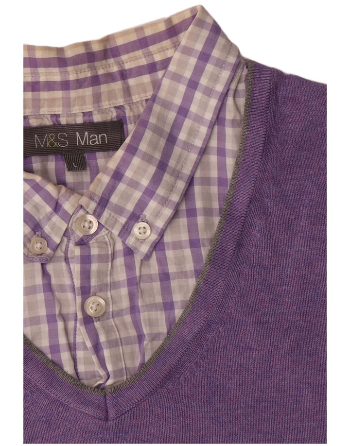 Marks & Spencer Mens V-Neck Jumper Sweater Large Purple Cotton