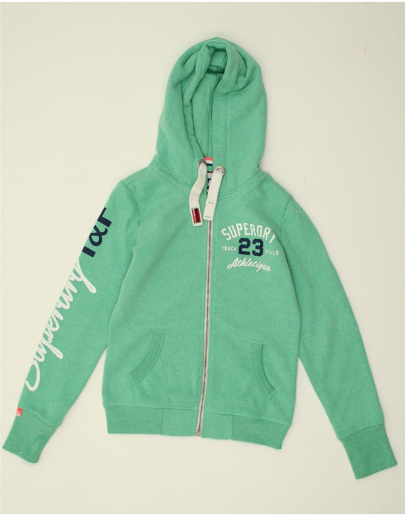 SUPERDRY Womens Track&Field Graphic Zip Hoodie Sweater UK 6 XS Green | Vintage Superdry | Thrift | Second-Hand Superdry | Used Clothing | Messina Hembry 