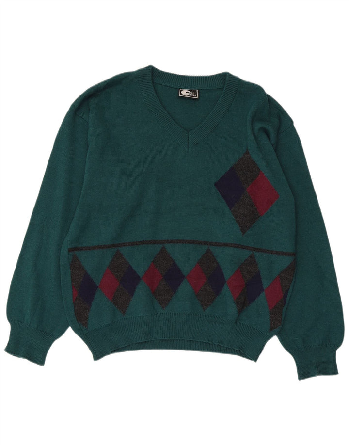 Vintage Womens V-Neck Jumper Sweater IT 50 XL Green Argyle/Diamond Wool