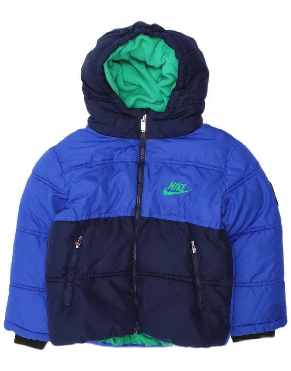 NIKE Boys Hooded Padded Jacket 4-5 Years Small Blue Colourblock Polyester