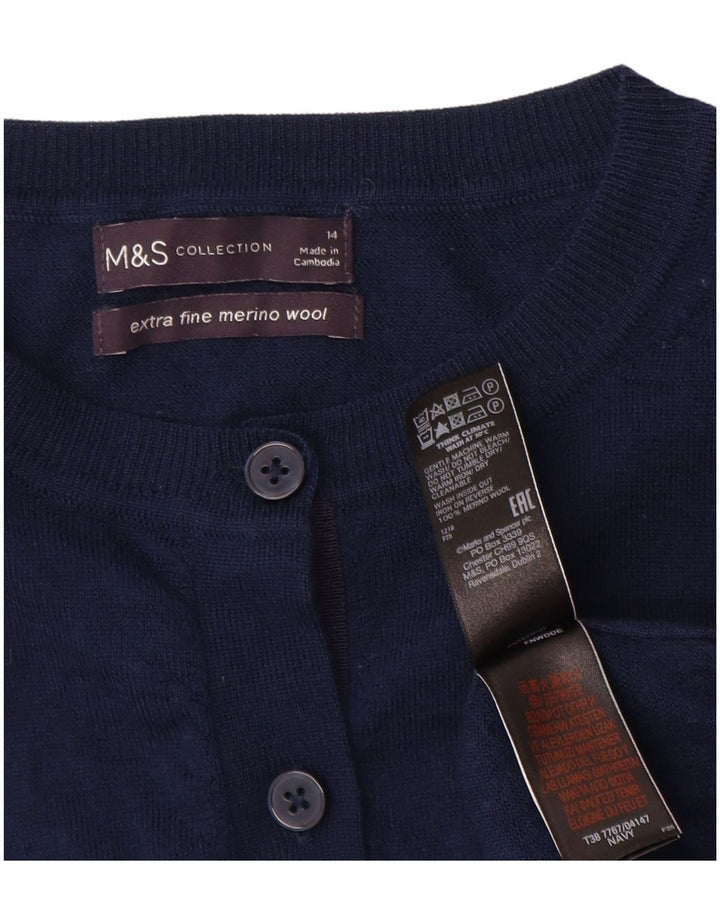 Marks & Spencer Womens Cardigan Sweater UK 14 Medium Navy Blue Merino Wool