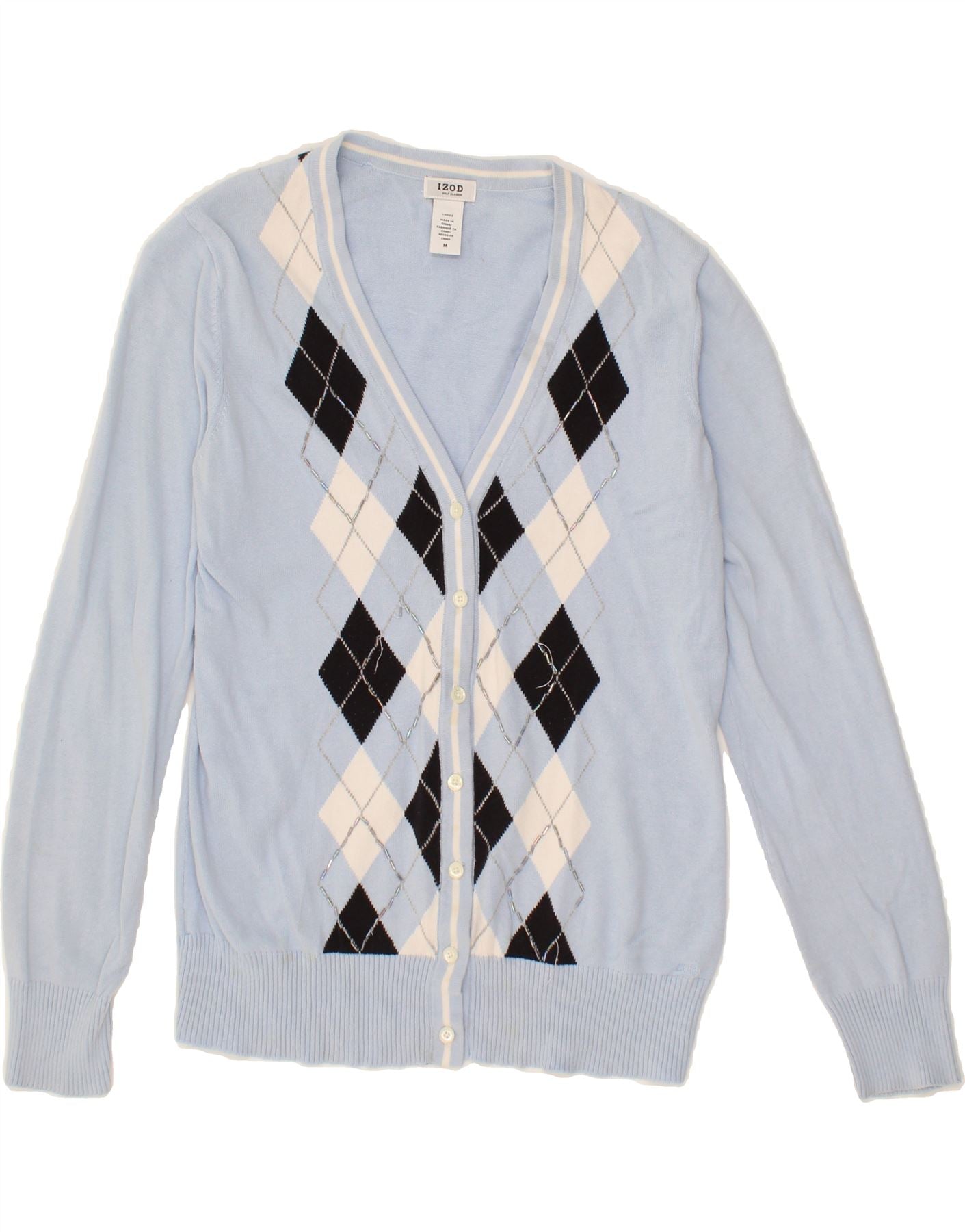 IZOD Womens Cardigan Sweater UK 12 Medium Blue Argyle/Diamond