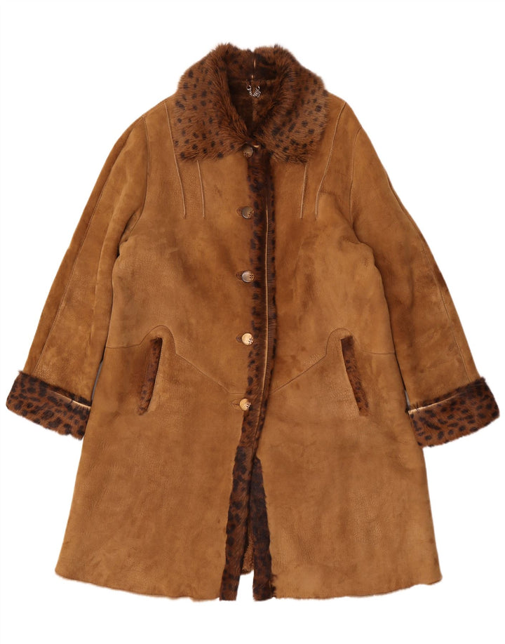 Vintage Womens Oversized Shearling Coat UK 14 Medium Brown Animal Print