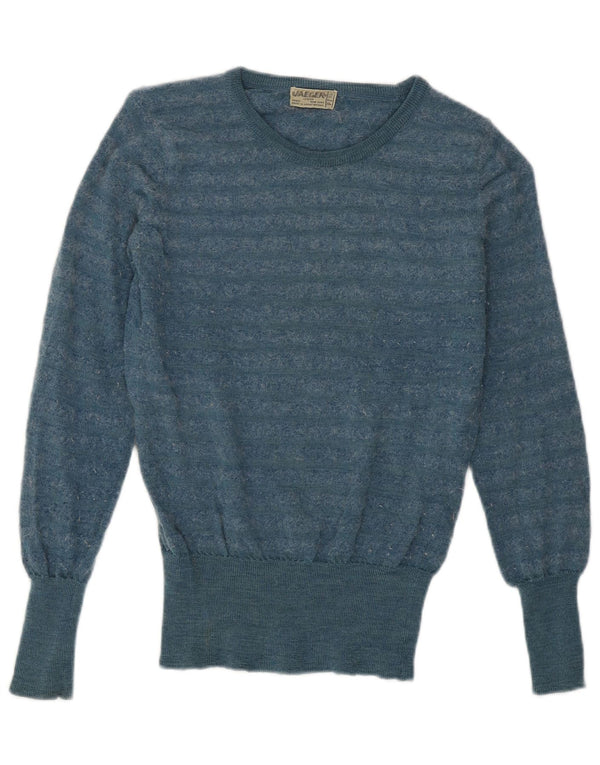 Jaeger Womens Boat Neck Jumper Sweater UK 10 Small Blue Striped Wool