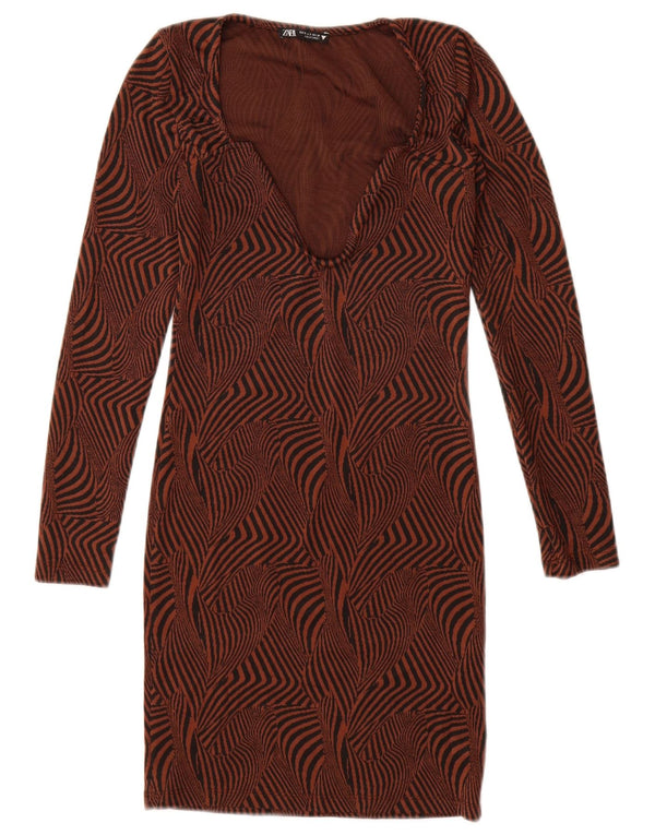 ZARA Womens Long Sleeve Sheath Dress UK 8 Small Brown Animal Print