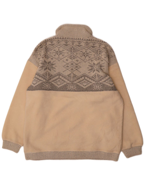 Vintage Mens Zip Neck Fleece Jumper Large Beige Fair Isle Polyester