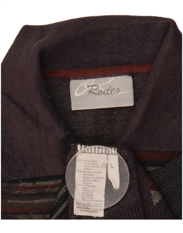 Rodes Mens Polo Neck Jumper Sweater Large Navy Blue Argyle/Diamond Wool