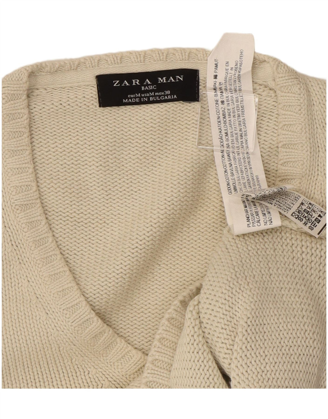 Zara Mens V-Neck Jumper Sweater Medium Beige Cotton