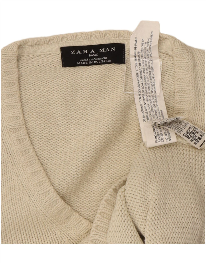 Zara Mens V-Neck Jumper Sweater Medium Beige Cotton