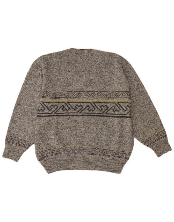VINTAGE Mens V-Neck Jumper Sweater IT 52 Large Grey Geometric Wool