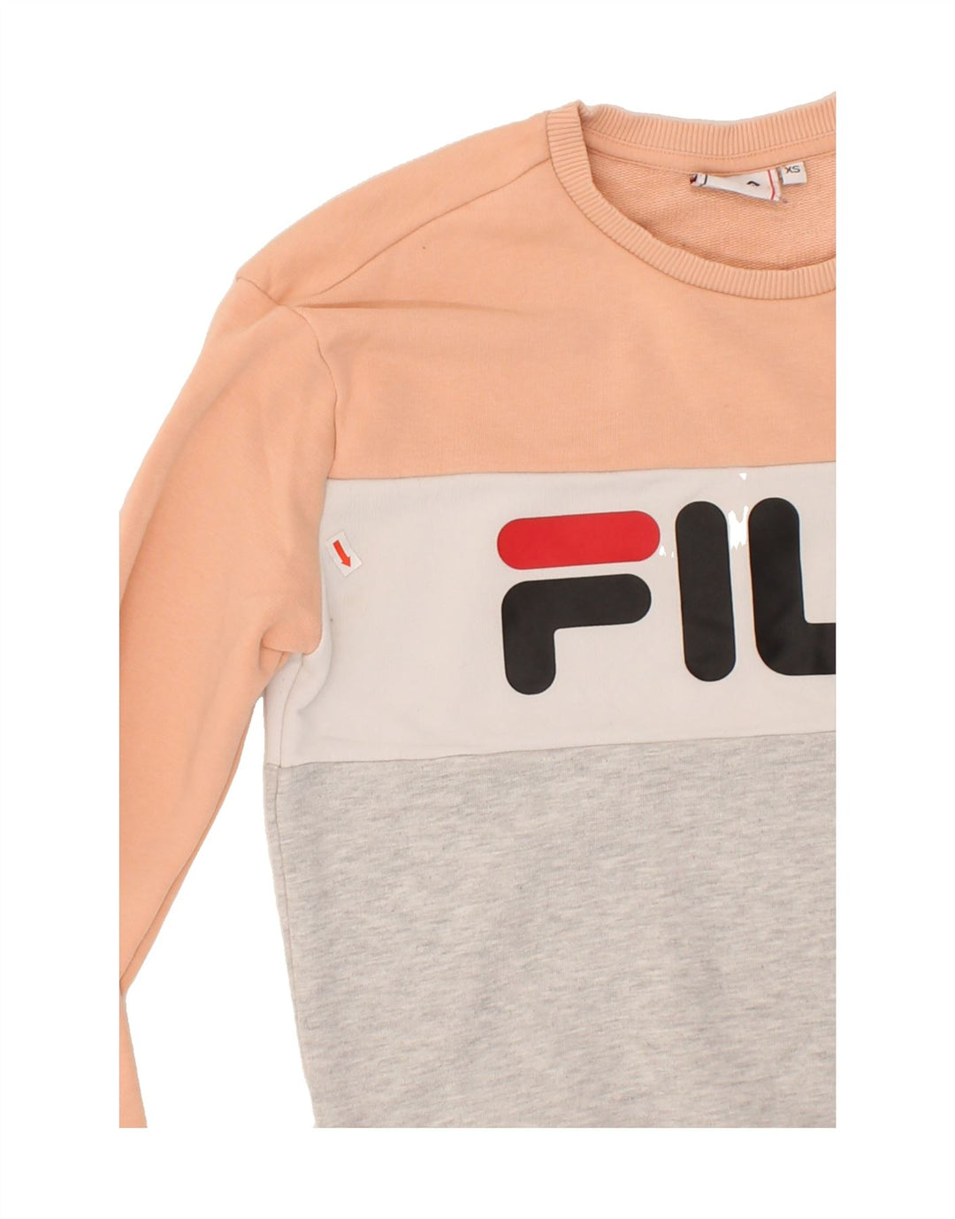 FILA Womens Oversized Graphic Sweatshirt Jumper UK 6 XS Grey Colourblock Vintage Fila and Second-Hand Fila from Messina Hembry 
