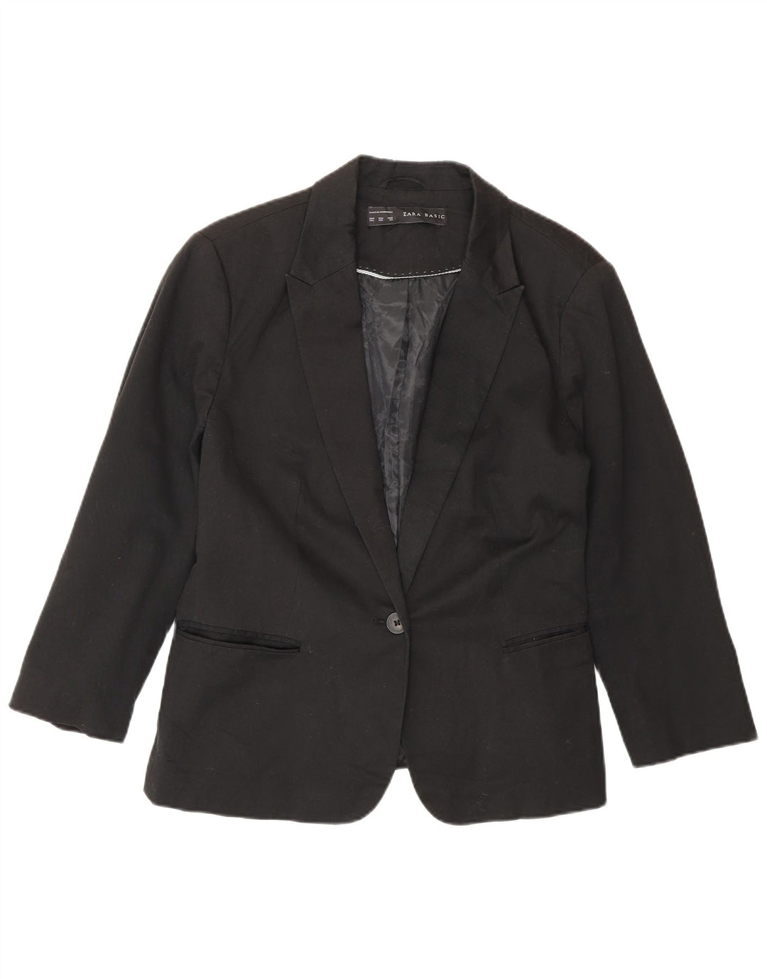 Zara Womens 3/4 Sleeve 1 Button Blazer Jacket UK 20 2XL Black Cotton
