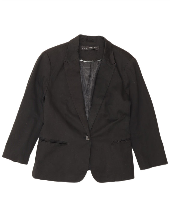 Zara Womens 3/4 Sleeve 1 Button Blazer Jacket UK 20 2XL Black Cotton