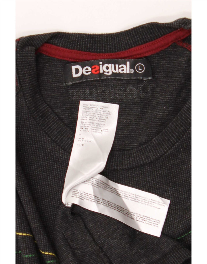 Desigual Mens Graphic Top Long Sleeve Large Grey Striped Cotton