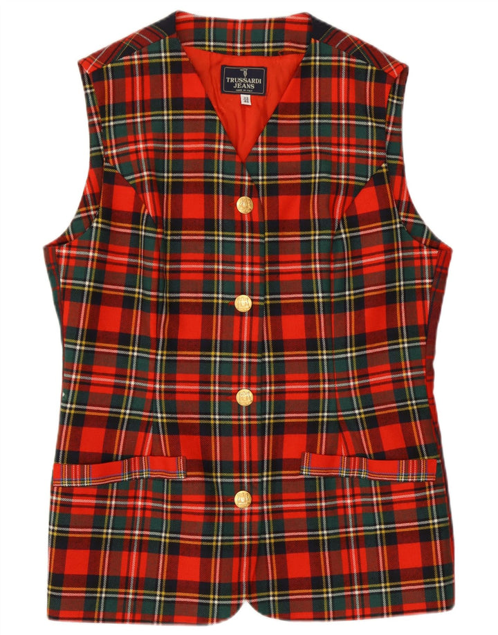 Trussardi Womens Longline Waistcoat IT 46 Large Red Plaid Virgin Wool
