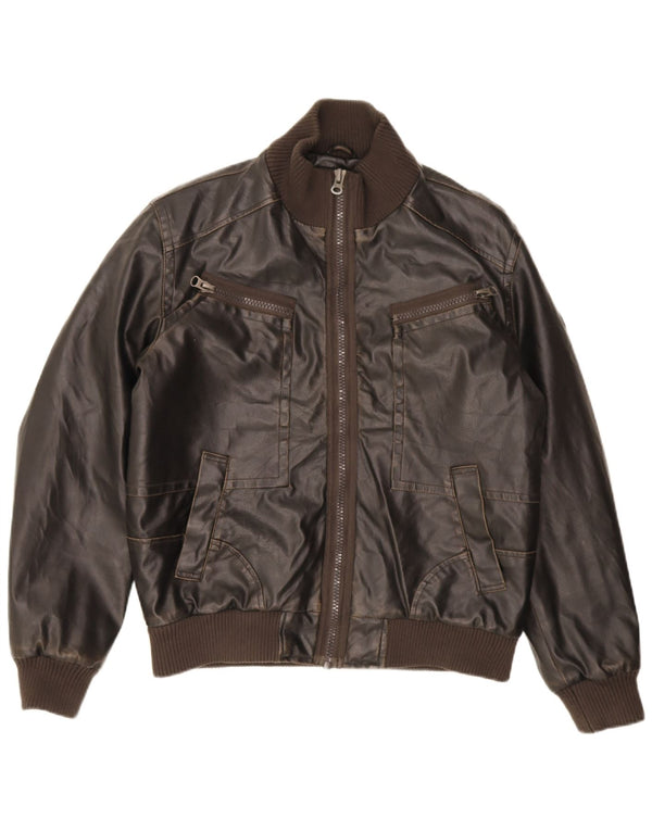 WPM Mens Faux Leather Bomber Jacket UK 40 Large Brown Polyvinyl