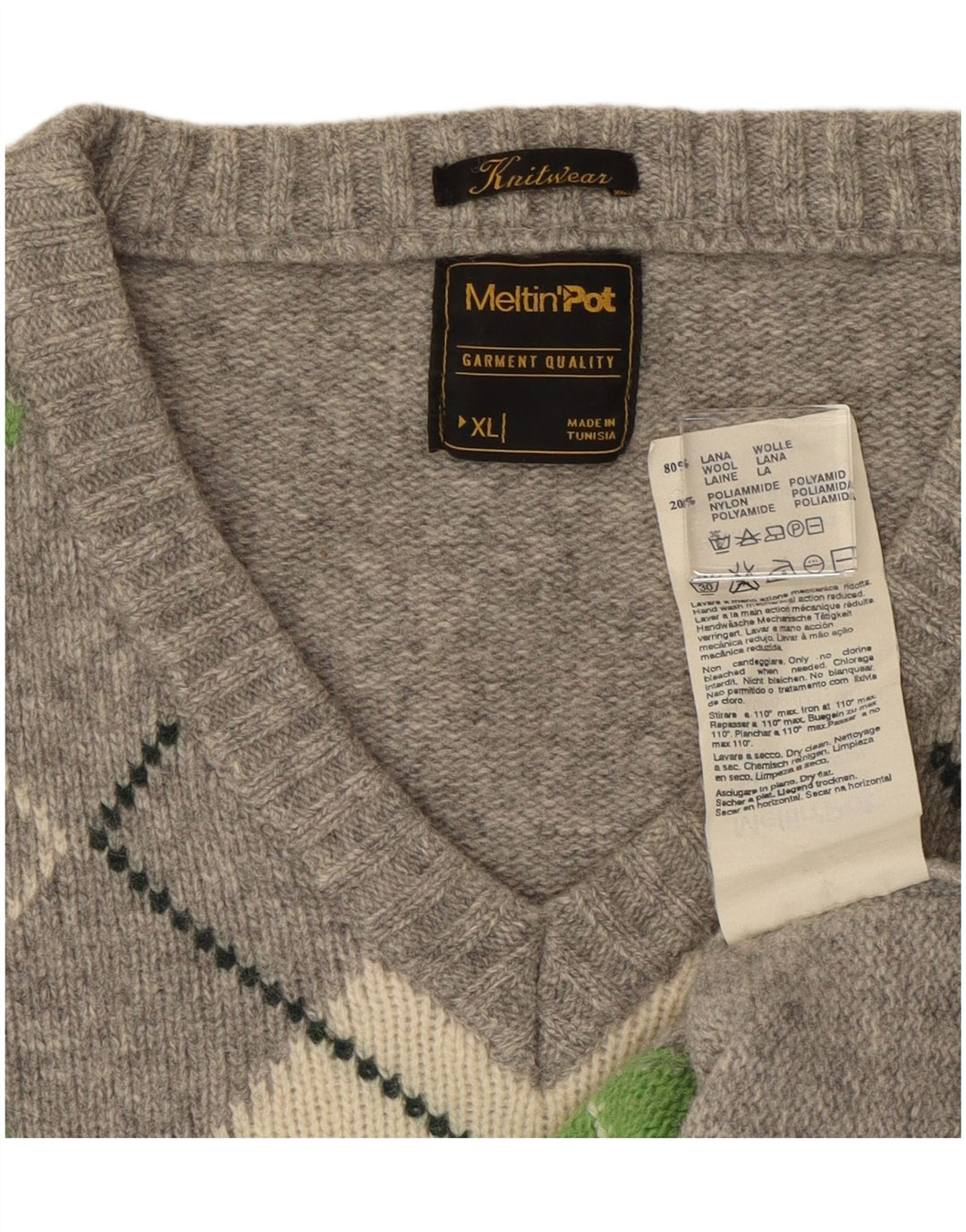 Meltin' Pot Mens V-Neck Jumper Sweater XL Grey Argyle/Diamond Wool