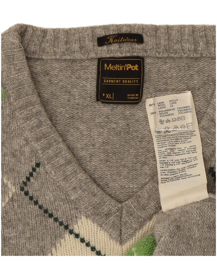 Meltin' Pot Mens V-Neck Jumper Sweater XL Grey Argyle/Diamond Wool