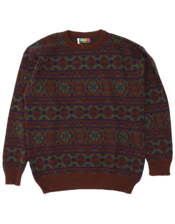 Numero Uno Mens Crew Neck Jumper Sweater Large Brown Fair Isle Acrylic